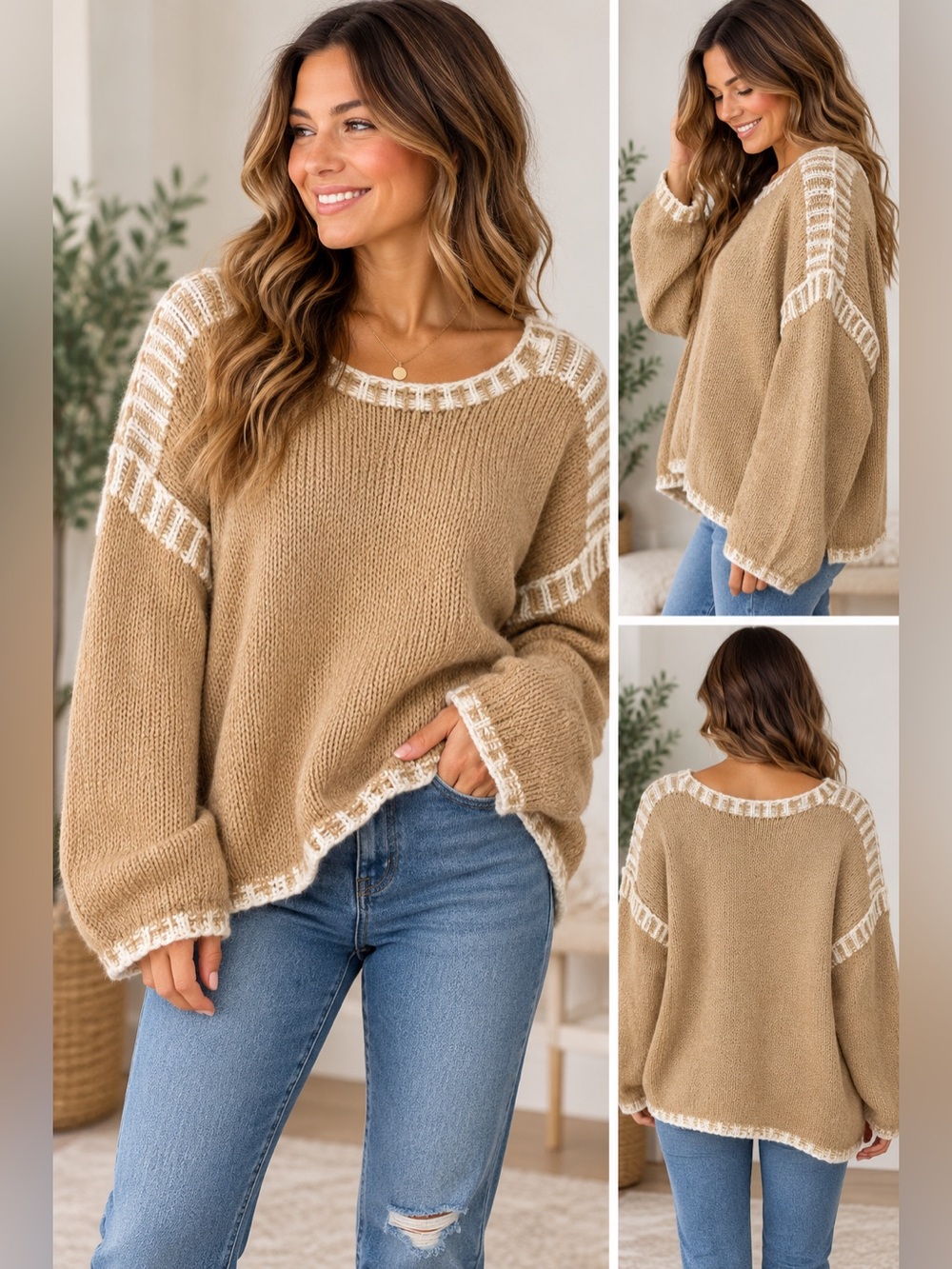 Oversized Tan Knit Sweater White Contrast Stitch Slouchy Pullover Medium
